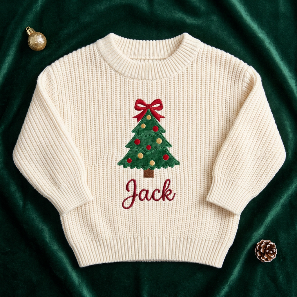 Machine embroidered Christmas tree with bow topper baby Christmas sweater, flat lay