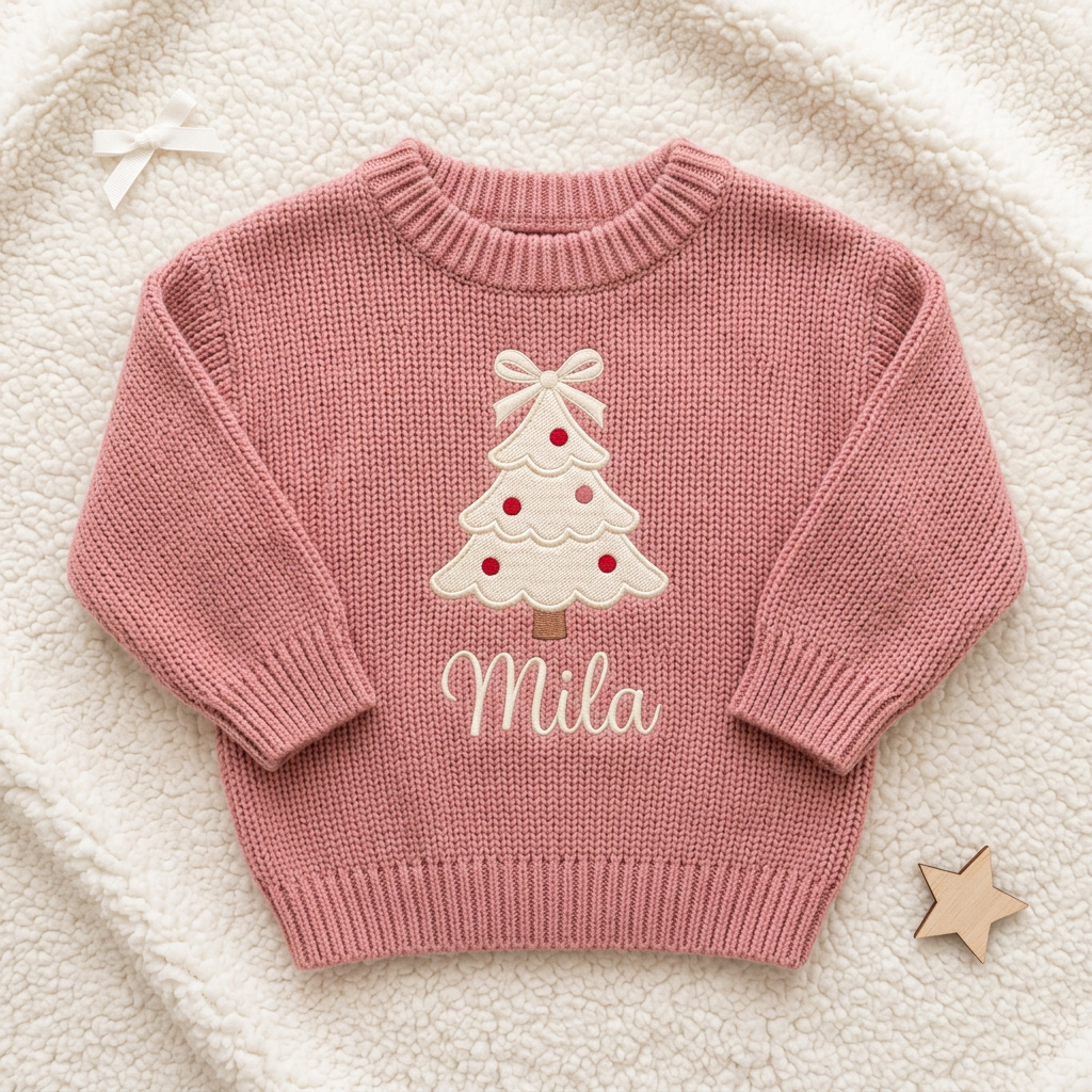 Machine embroidered coquette Christmas tree baby Christmas sweater, flat lay