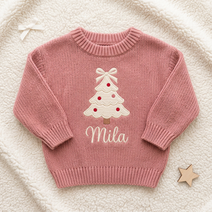 Machine embroidered coquette Christmas tree baby Christmas sweater, flat lay