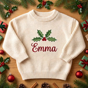 Machine embroidered holly name baby Christmas sweater among Christmas decorations