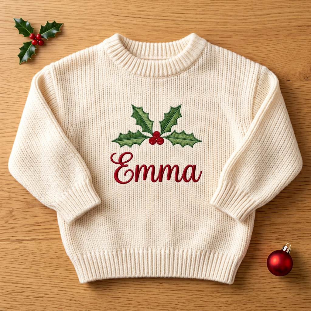 Machine embroidered holly name baby Christmas sweater, flat lay