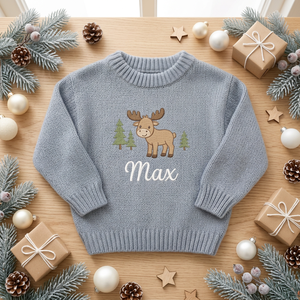 Machine embroidered moose & Christmas trees baby Christmas sweater among Christmas decorations