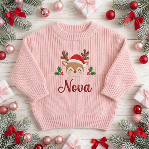 Machine embroidered baby reindeer with Santa hat baby Christmas sweater among Christmas decorations