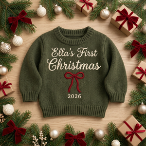 Machine embroidered first Christmas with bow baby Christmas sweater among Christmas decorations