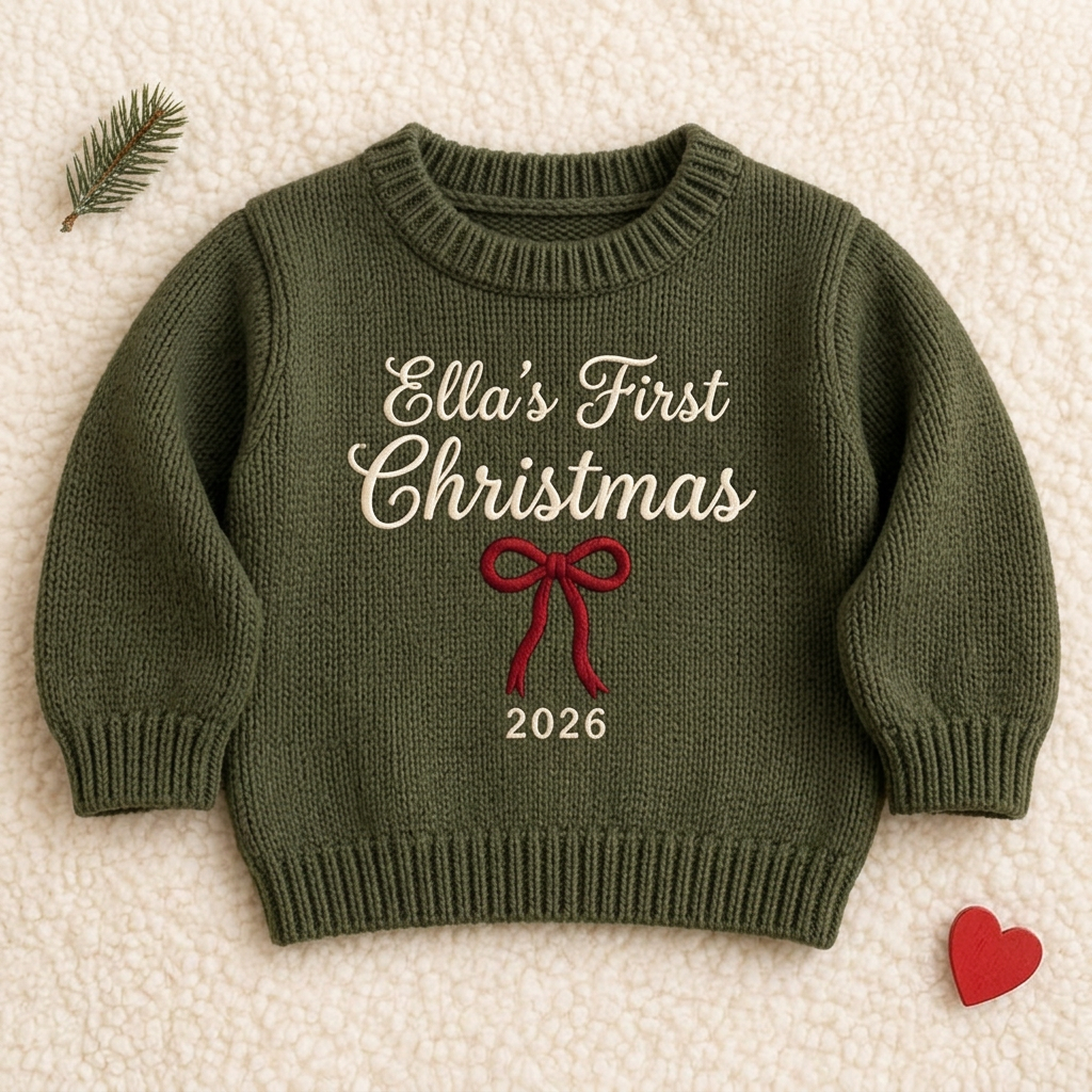 Machine embroidered first Christmas with bow baby Christmas sweater, flat lay