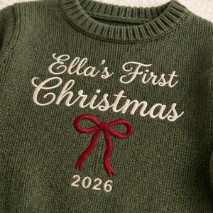 Close-up of machine embroidered first Christmas with bow on chunky knit