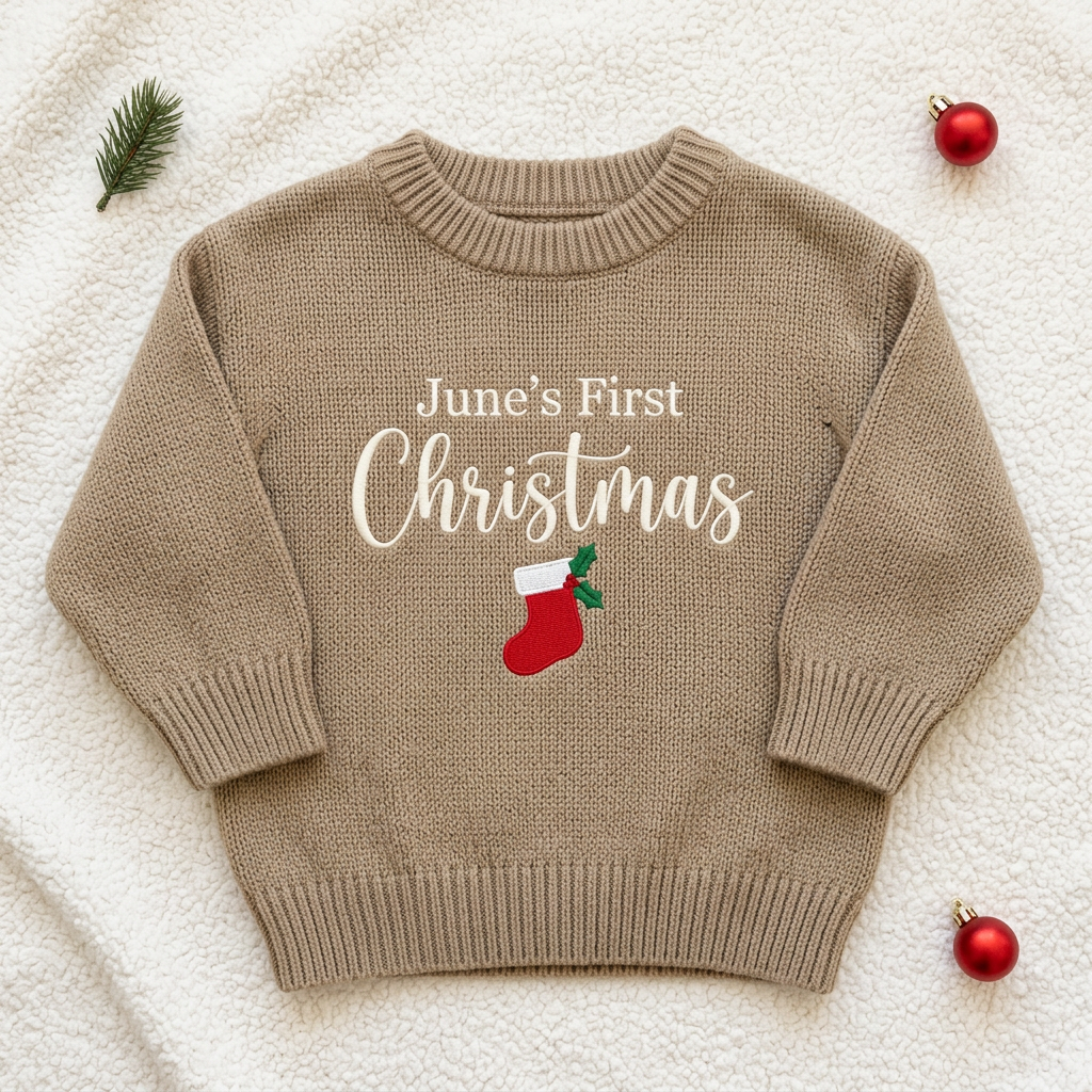 Machine embroidered first Christmas stocking baby Christmas sweater, flat lay