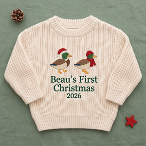 Machine embroidered first Christmas ducks baby Christmas sweater, flat lay