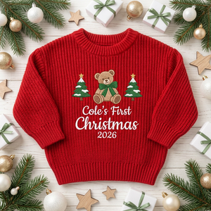 Machine embroidered first Christmas teddy bear baby Christmas sweater among Christmas decorations