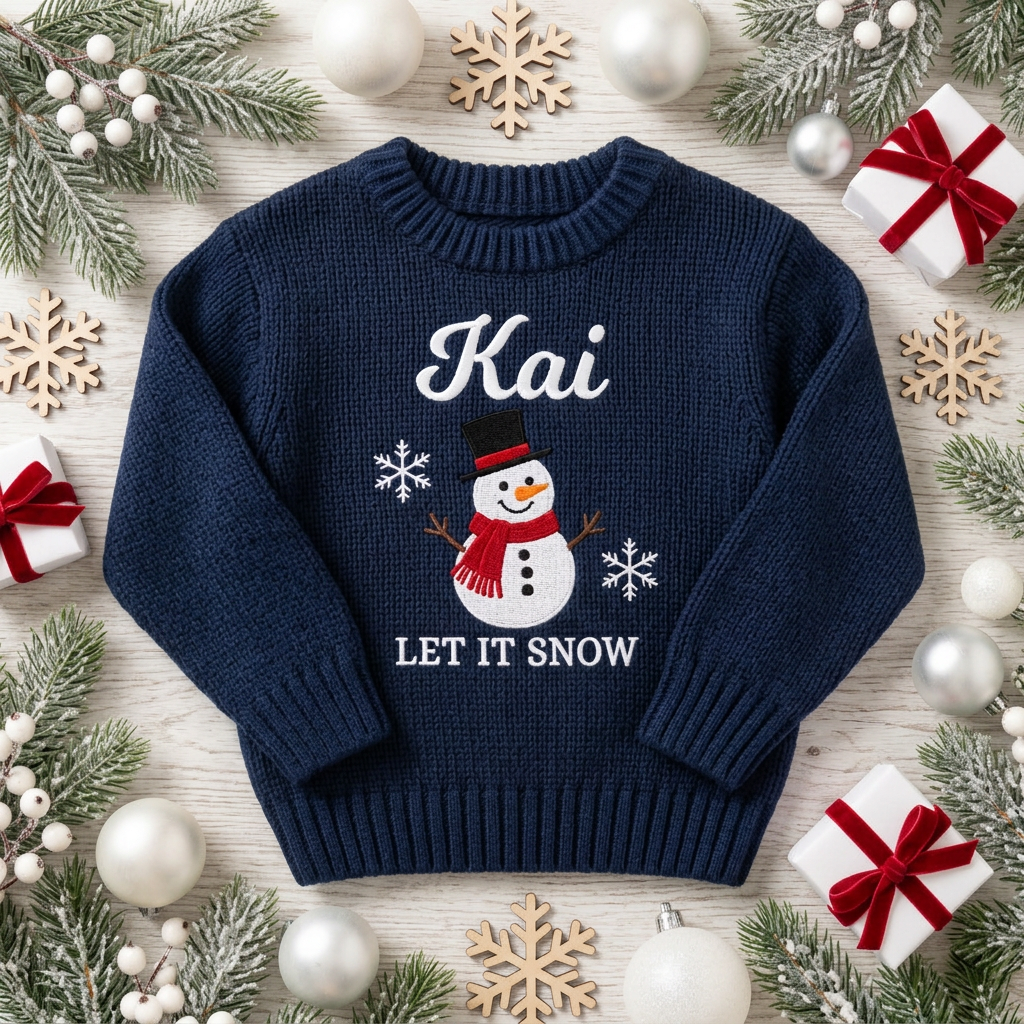 Machine embroidered snowman Let It Snow baby Christmas sweater among Christmas decorations