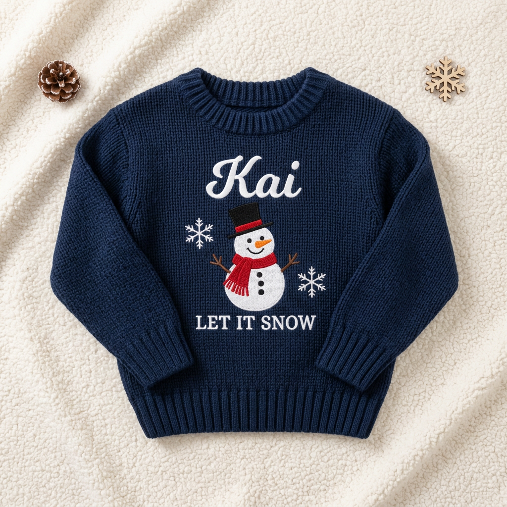 Machine embroidered snowman Let It Snow baby Christmas sweater, flat lay