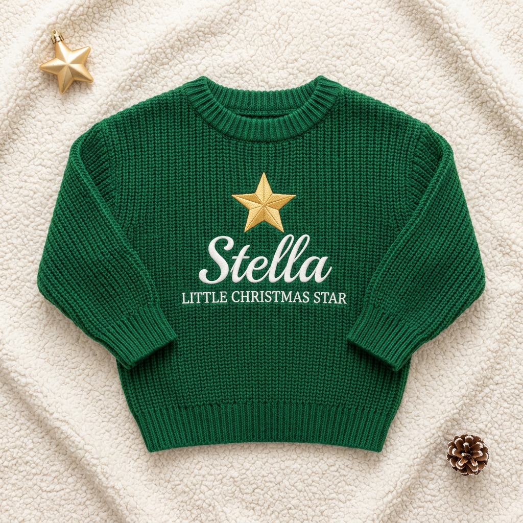 Machine embroidered little Christmas star baby Christmas sweater, flat lay