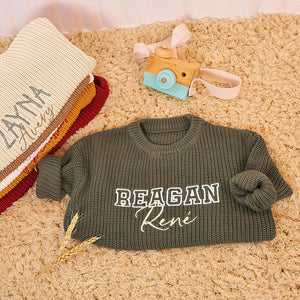 Olive knit kids sweater embroidered with Reagan René