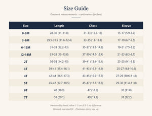 Kids sweater size guide from 0-3M to 7T