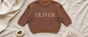 Brown chunky knit kids sweater embroidered with the name Oliver