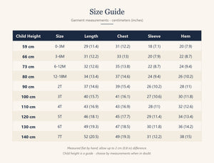Kids sweater size guide with child height, 0-3M to 7T