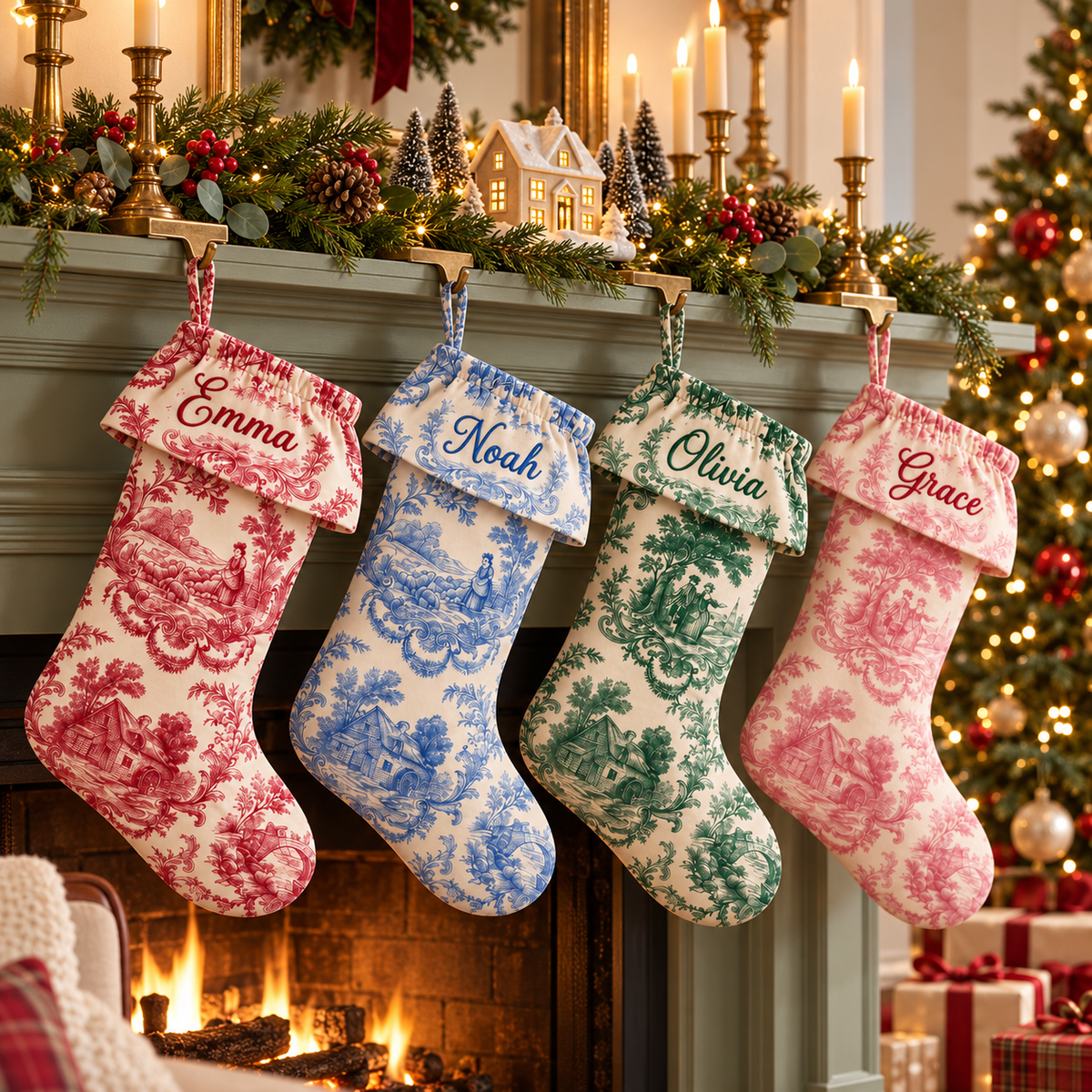 Personalized toile Christmas stockings with ruffled toile cuff hanging by the fireplace