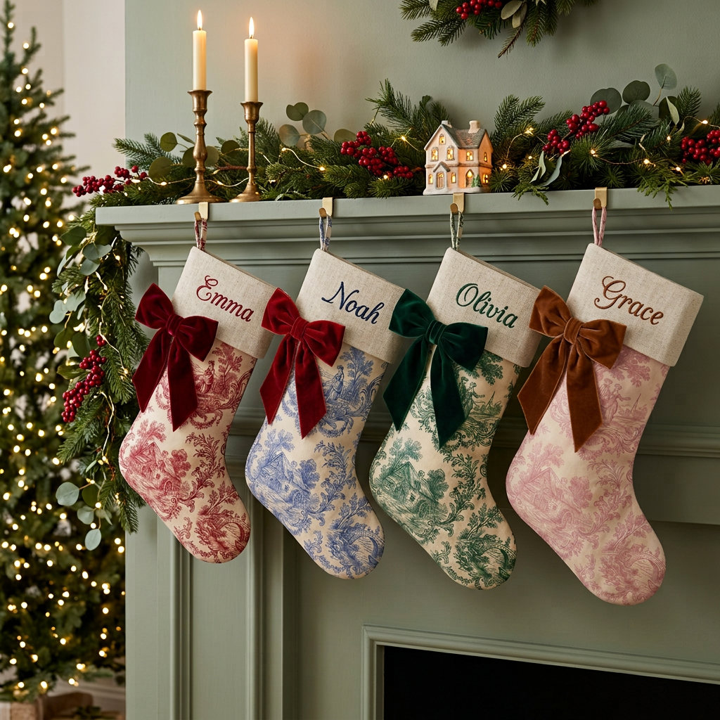 Personalized toile Christmas stockings with linen cuff and velvet side bow hanging by the fireplace