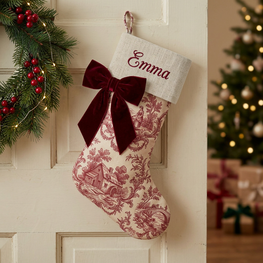 Red toile personalized Christmas stocking with linen cuff and velvet side bow