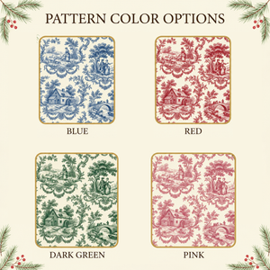 Toile pattern color options: blue, red, dark green and pink