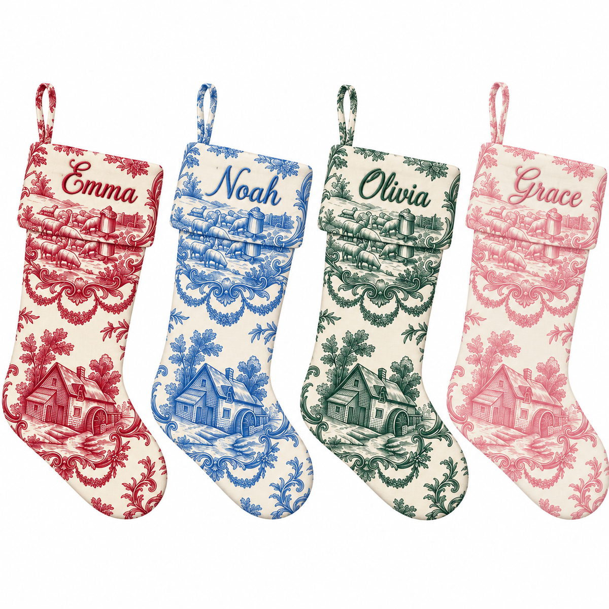 Set of four personalized toile Christmas stockings with matching toile cuff in red, blue, dark green and pink