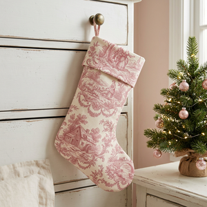 Pink toile personalized Christmas stocking with matching toile cuff