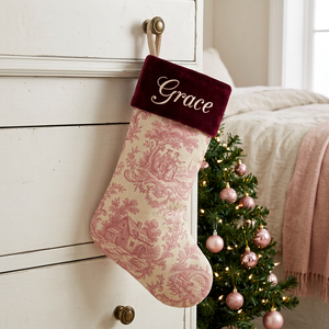 Pink toile personalized Christmas stocking with burgundy velvet cuff