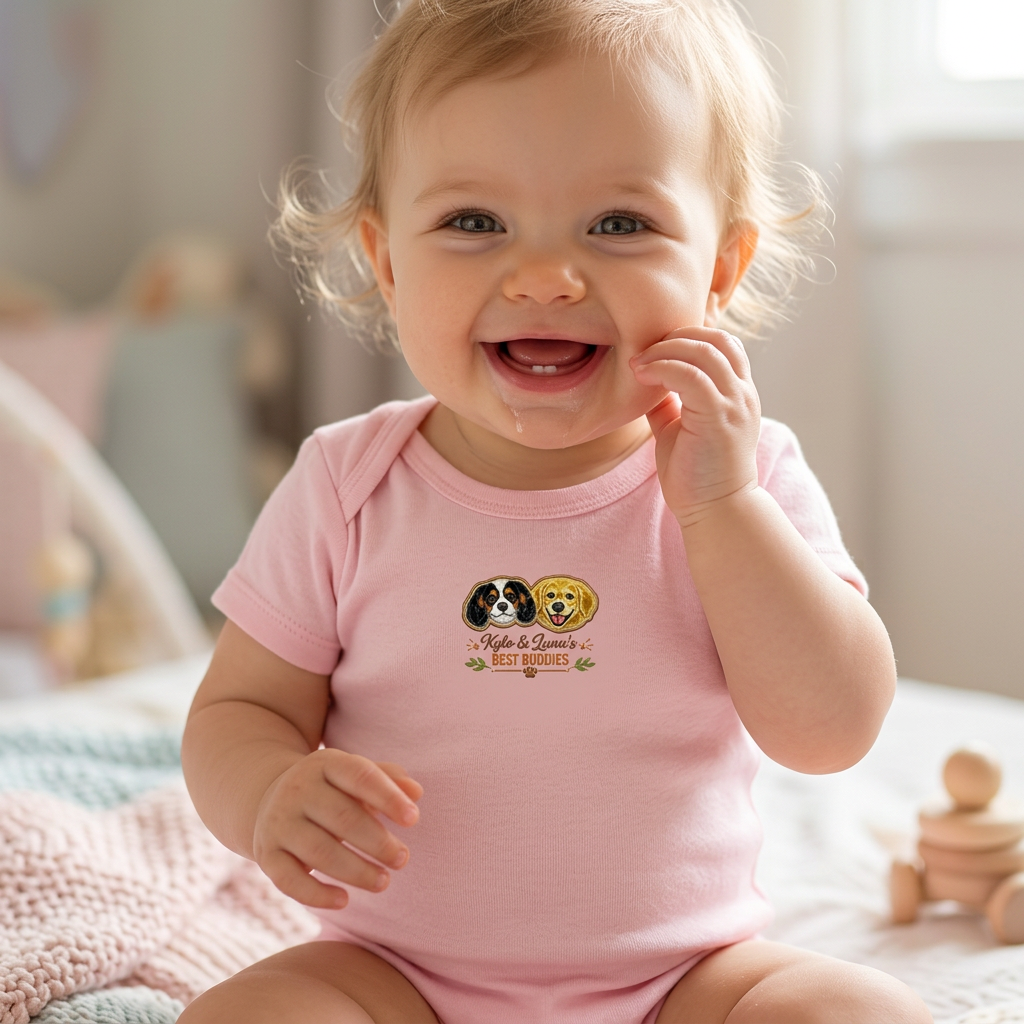 Custom Embroidered Cavalier and Retriever Baby Onesie | Personalized Two Pet Names Bodysuit, Best Buddies Gift