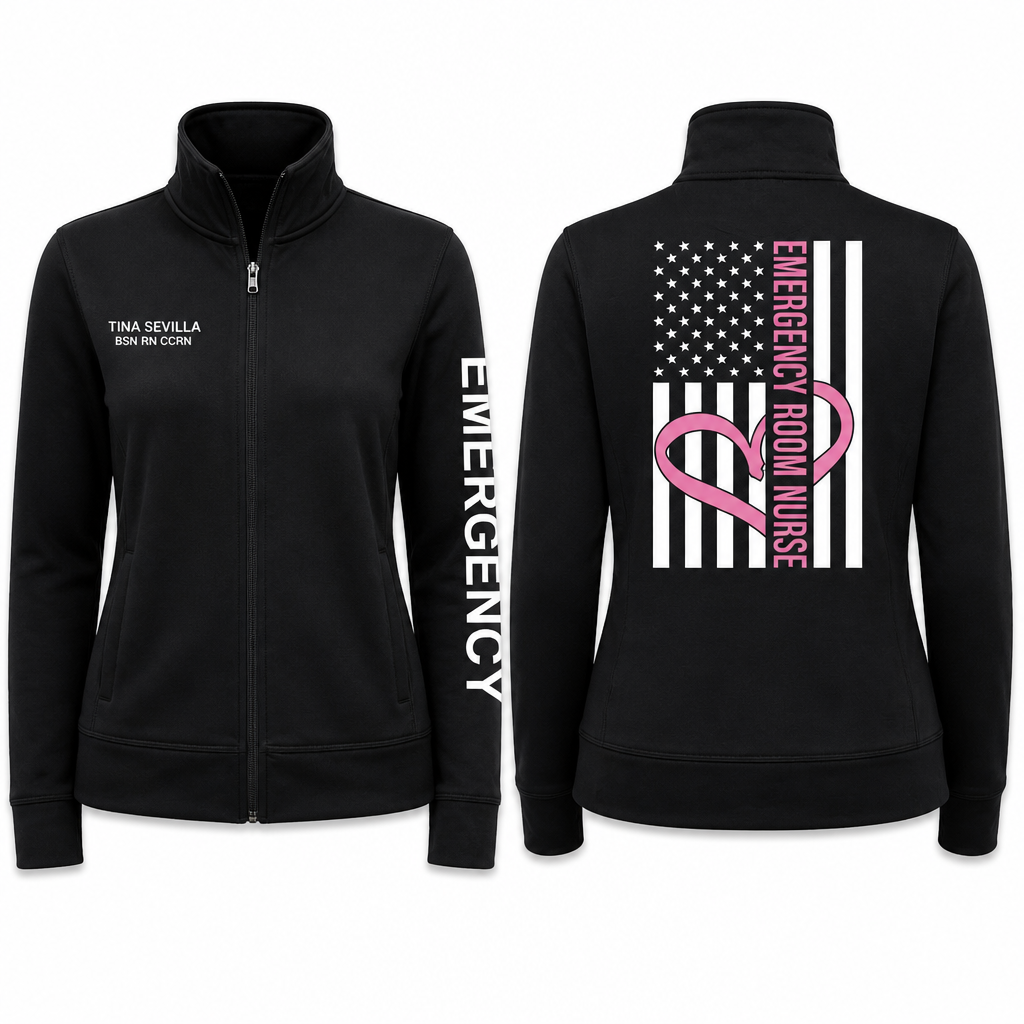 Custom Emergency Room Nurse Fleece Jacket | Personalized ER Nurse American Flag Zip-Up