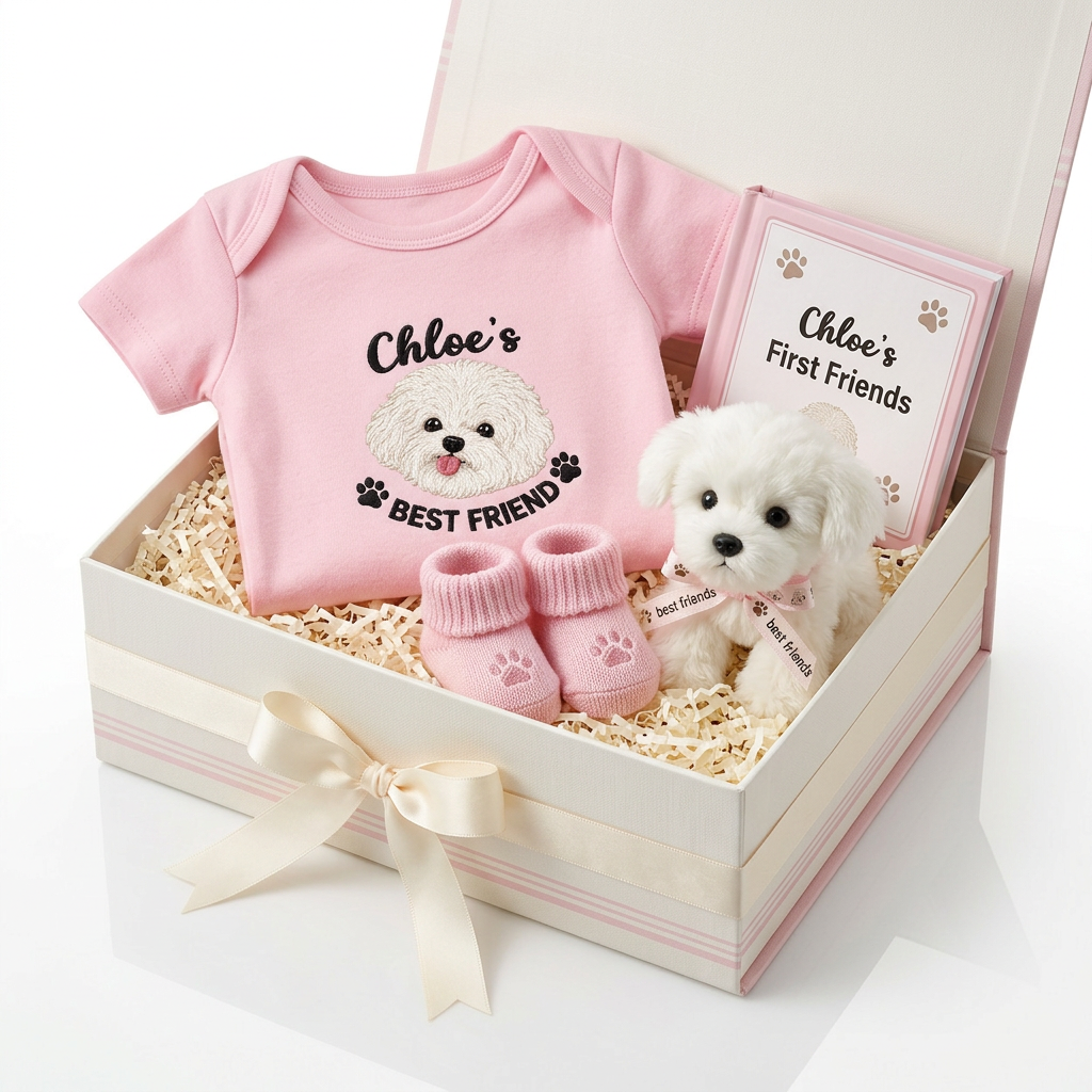 Custom Embroidered Bichon Baby Onesie | Personalized Pet Name Bodysuit, Best Friend Dog Portrait Gift