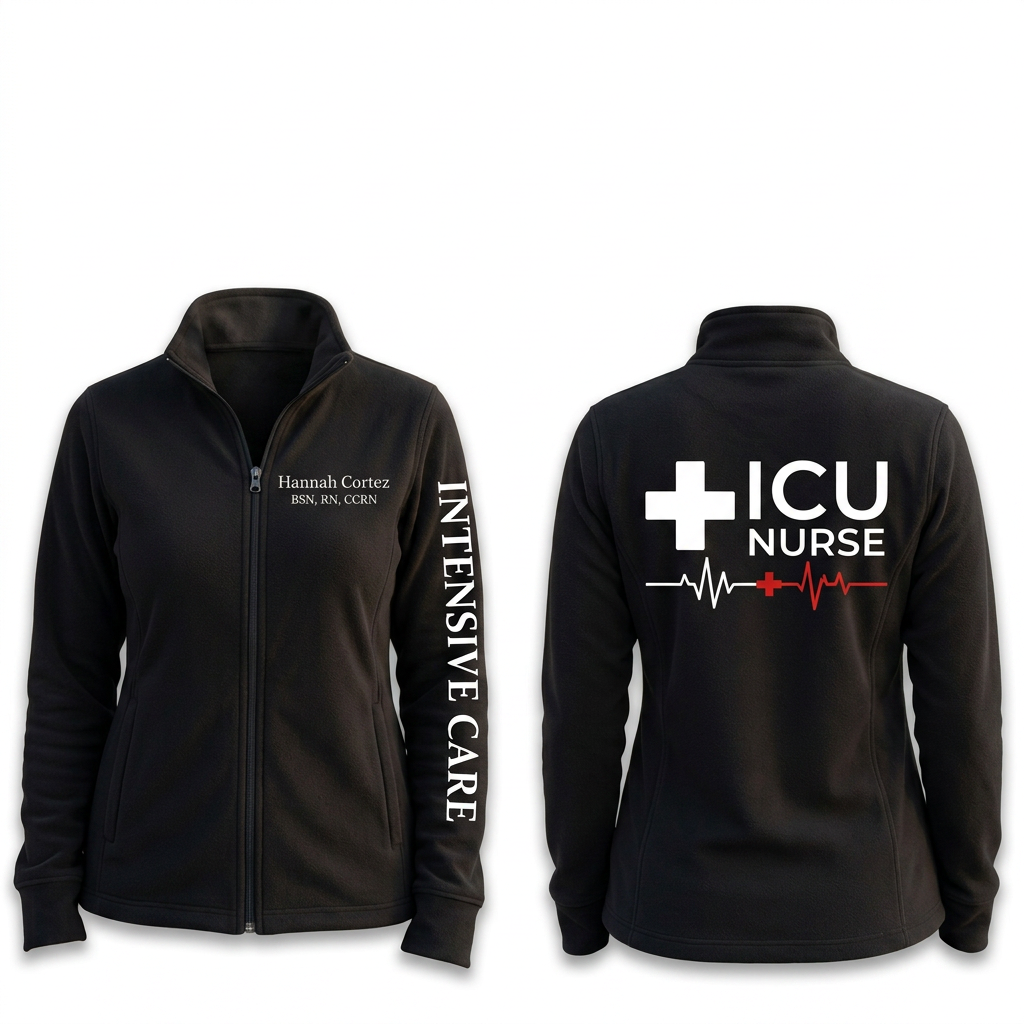 Custom ICU Nurse Fleece Jacket | Personalized Intensive Care Medical Cross Zip-Up