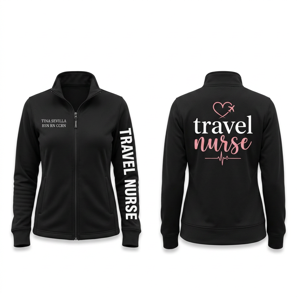Custom Travel Nurse Embroidered Fleece Jacket | Personalized Travel RN Script Zip-Up