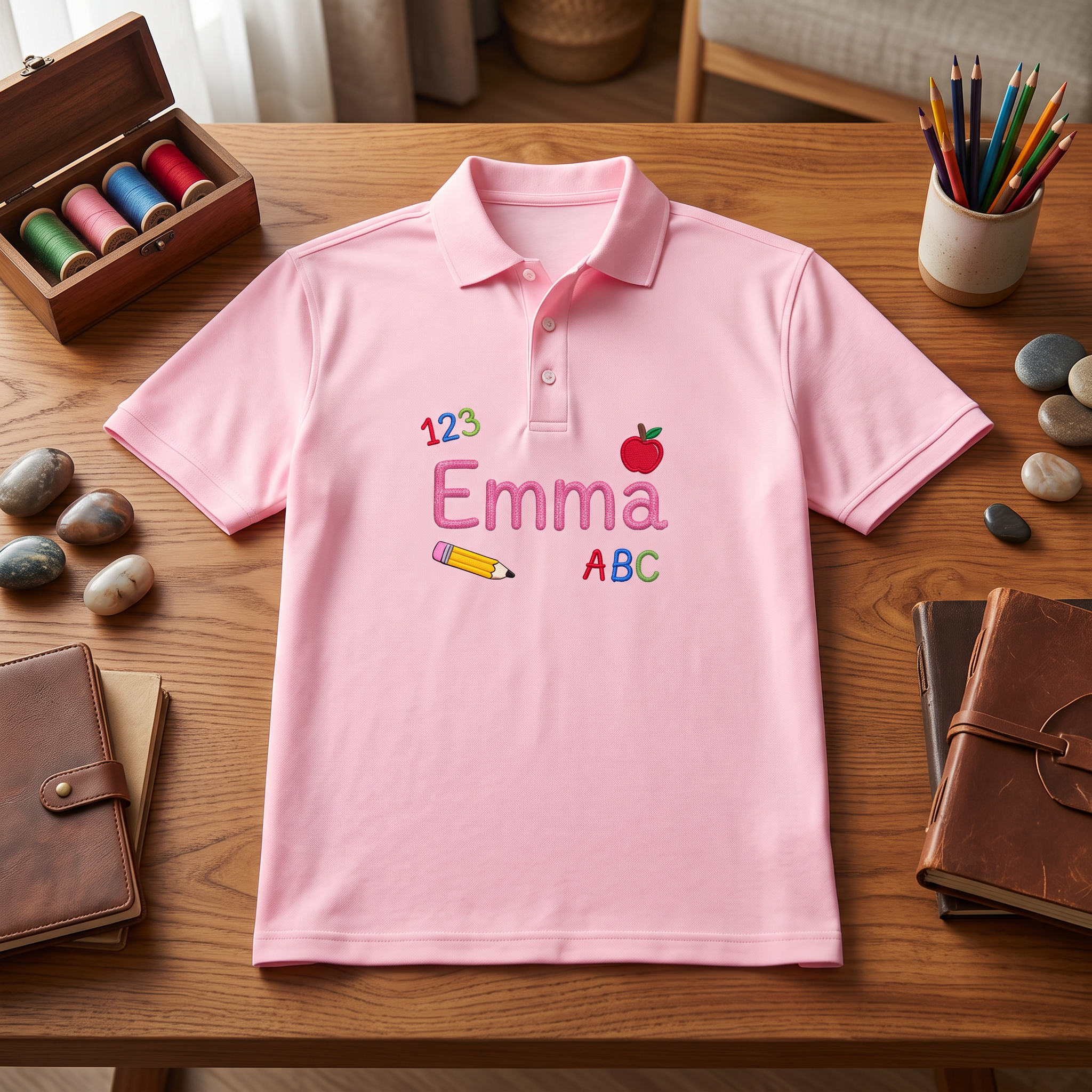 123 ABC Youth Embroidered Polo | Personalized Name Apple Back to School Kids Shirt