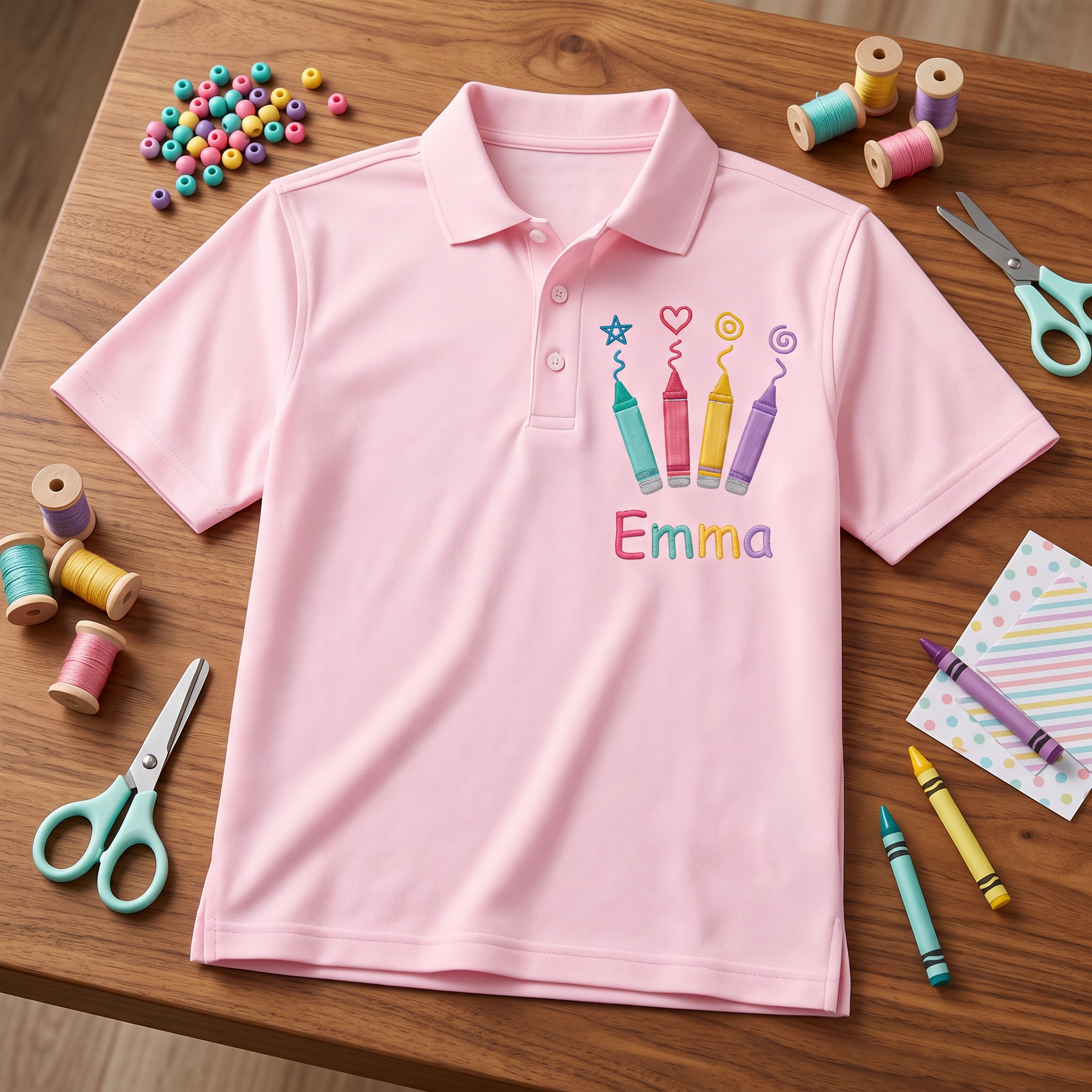 Pastel Crayon Doodle Youth Embroidered Polo | Personalized Name Kids School Shirt