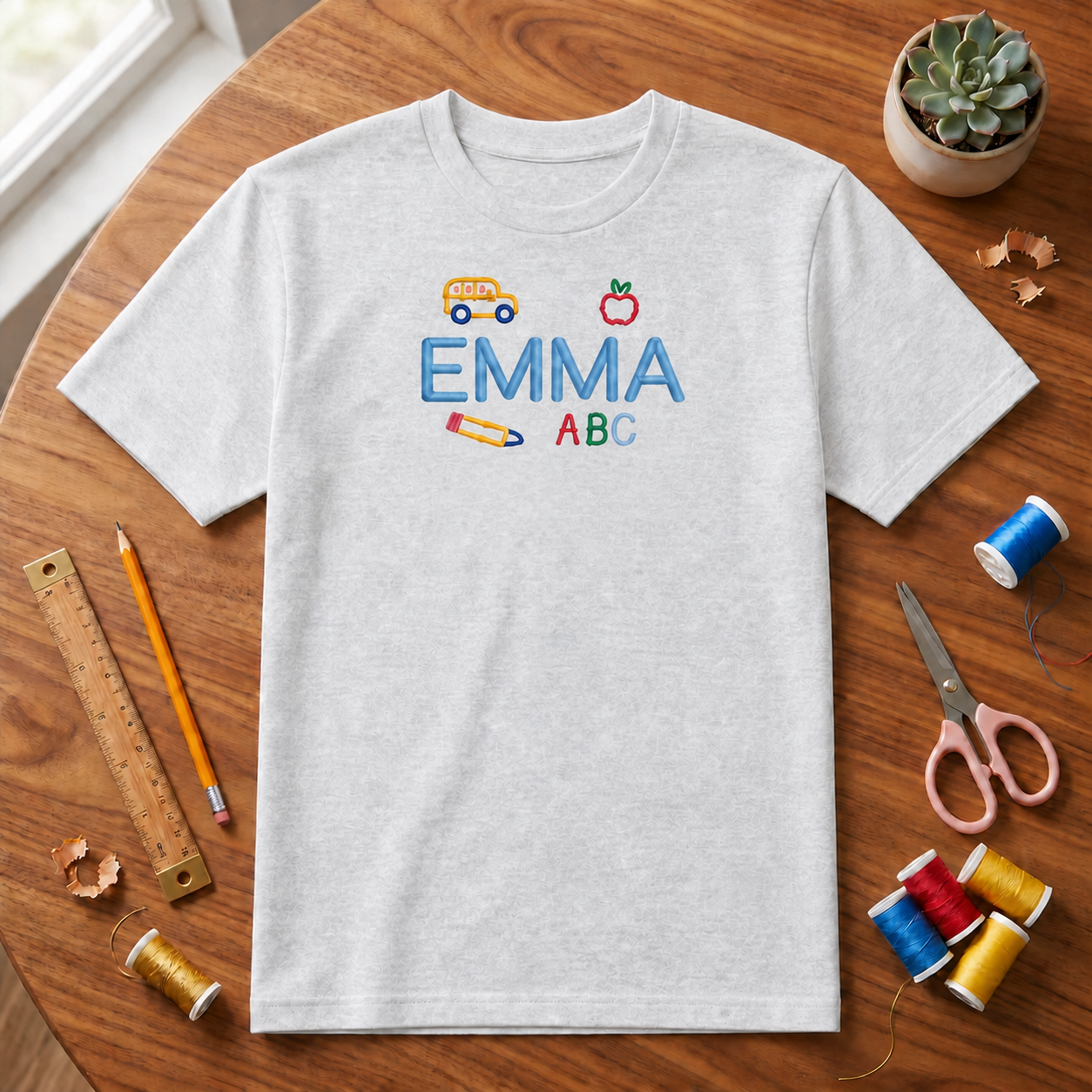 School Bus and Apple Embroidered Youth T-Shirt | Personalized Name ABC Kids School Tee