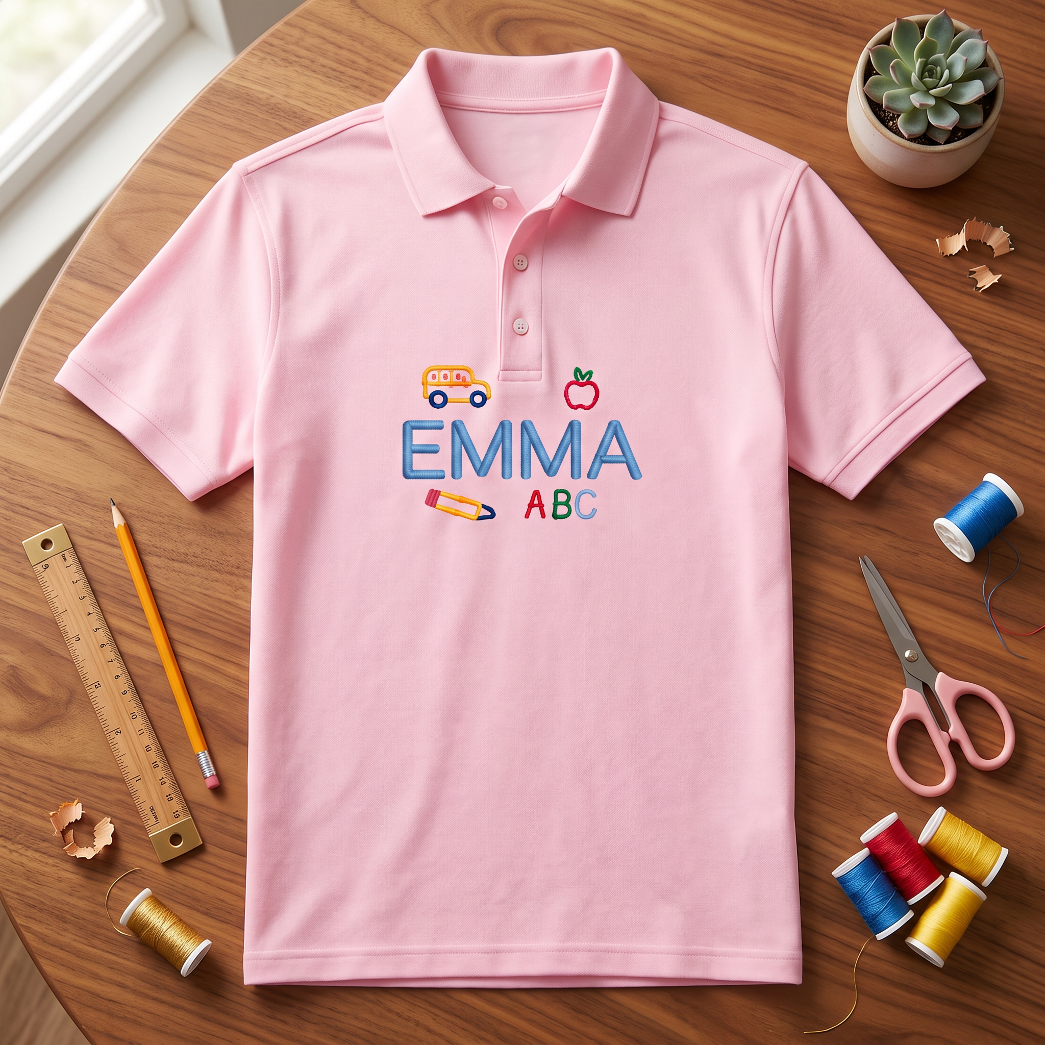 School Bus and Apple Youth Embroidered Polo | Personalized Name ABC Kids School Shirt