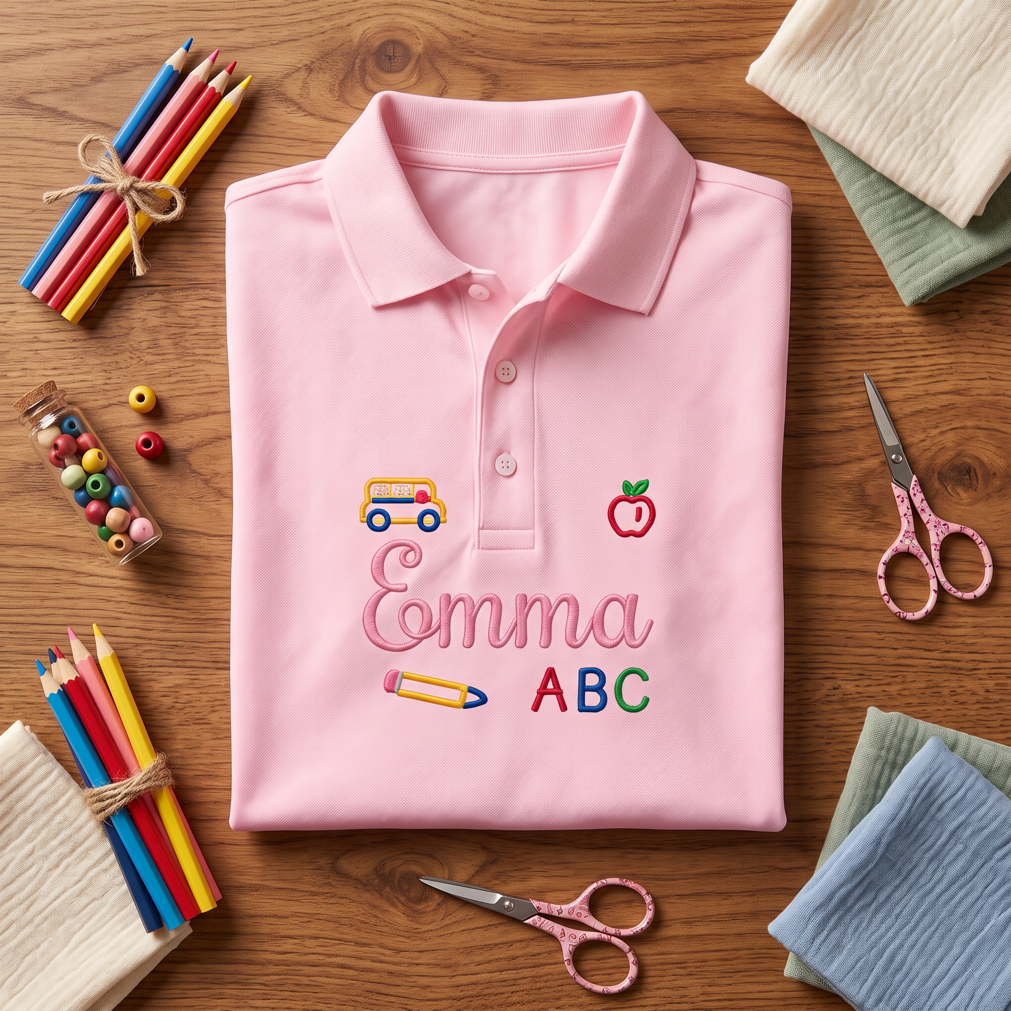 Script Name School Bus Youth Embroidered Polo | Personalized ABC Back to School Polo