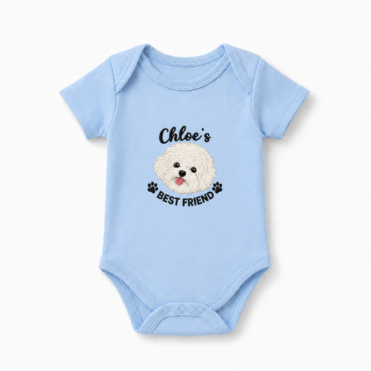 Custom Embroidered Bichon Baby Onesie | Personalized Pet Name Bodysuit, Best Friend Dog Portrait Gift