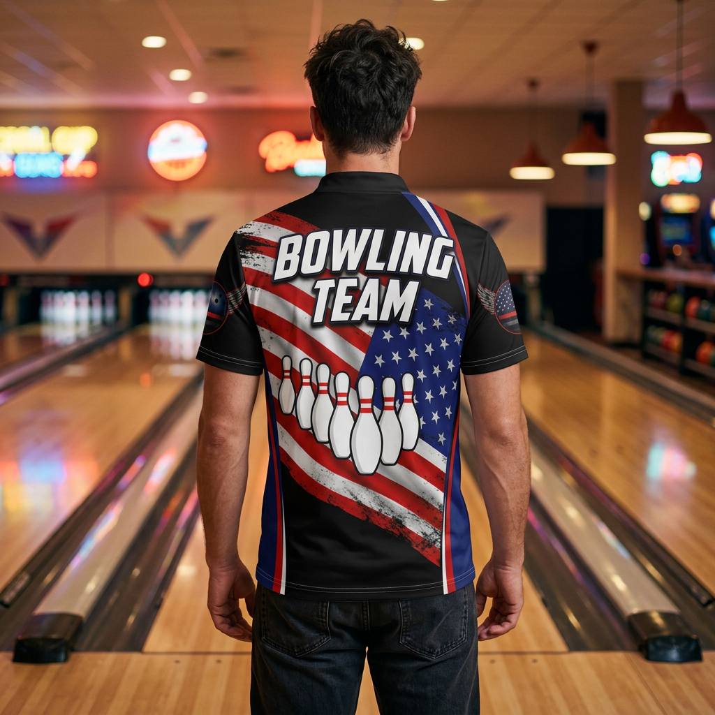 Custom American Flag Bowling Polo Shirt | Personalized Team Name 3D Printed Bowling Jersey