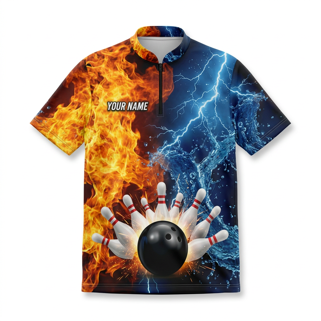 Custom Fire & Water Bowling Polo Shirt | Personalized Team Name 3D Printed Bowling Jersey