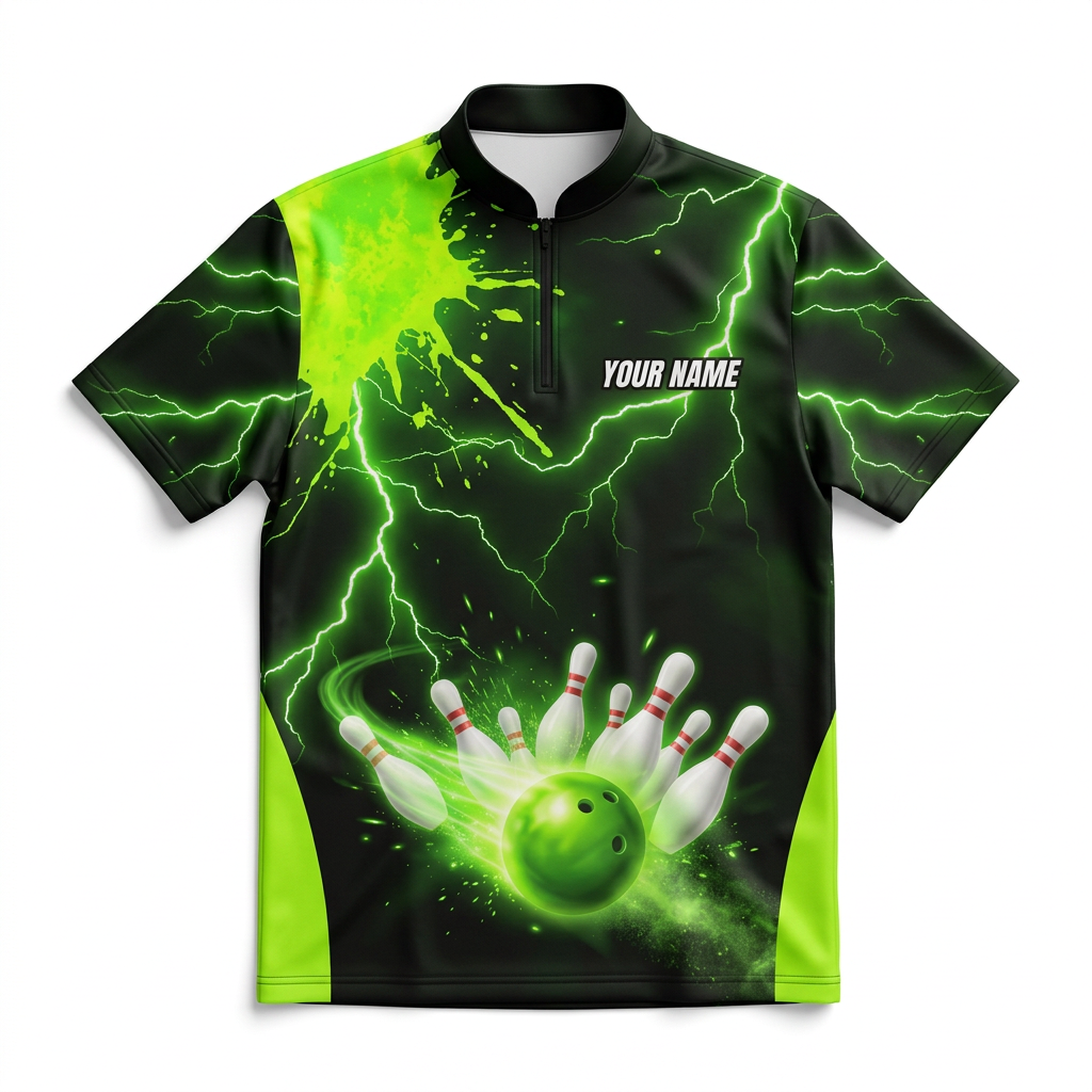 Custom Green Lightning Bowling Polo Shirt | Personalized Team Name 3D Printed Bowling Jersey