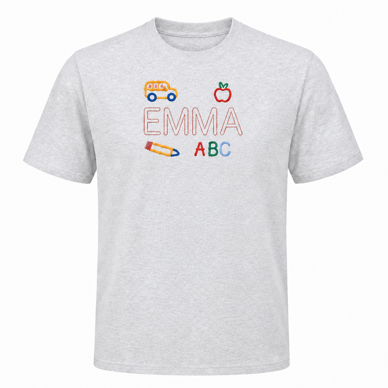 School Bus and Apple Embroidered Youth T-Shirt | Personalized Name ABC Kids School Tee