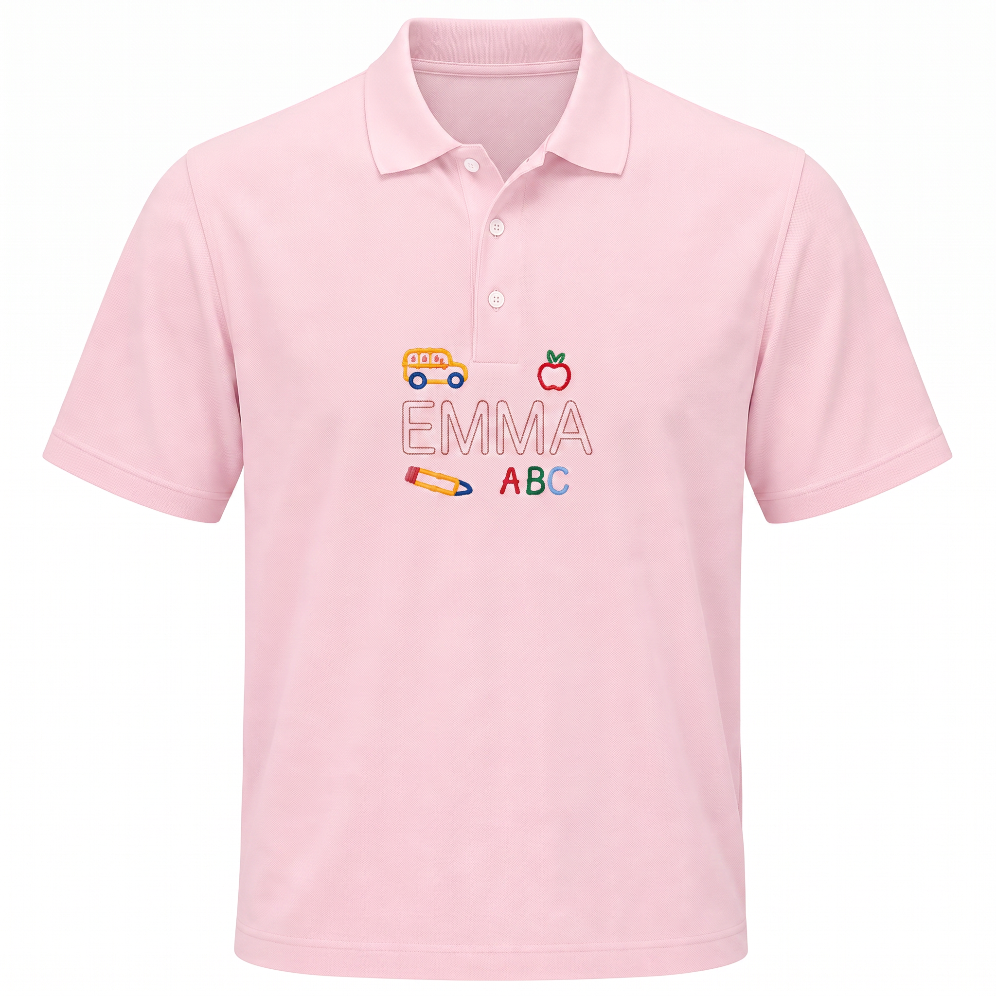 School Bus and Apple Youth Embroidered Polo | Personalized Name ABC Kids School Shirt