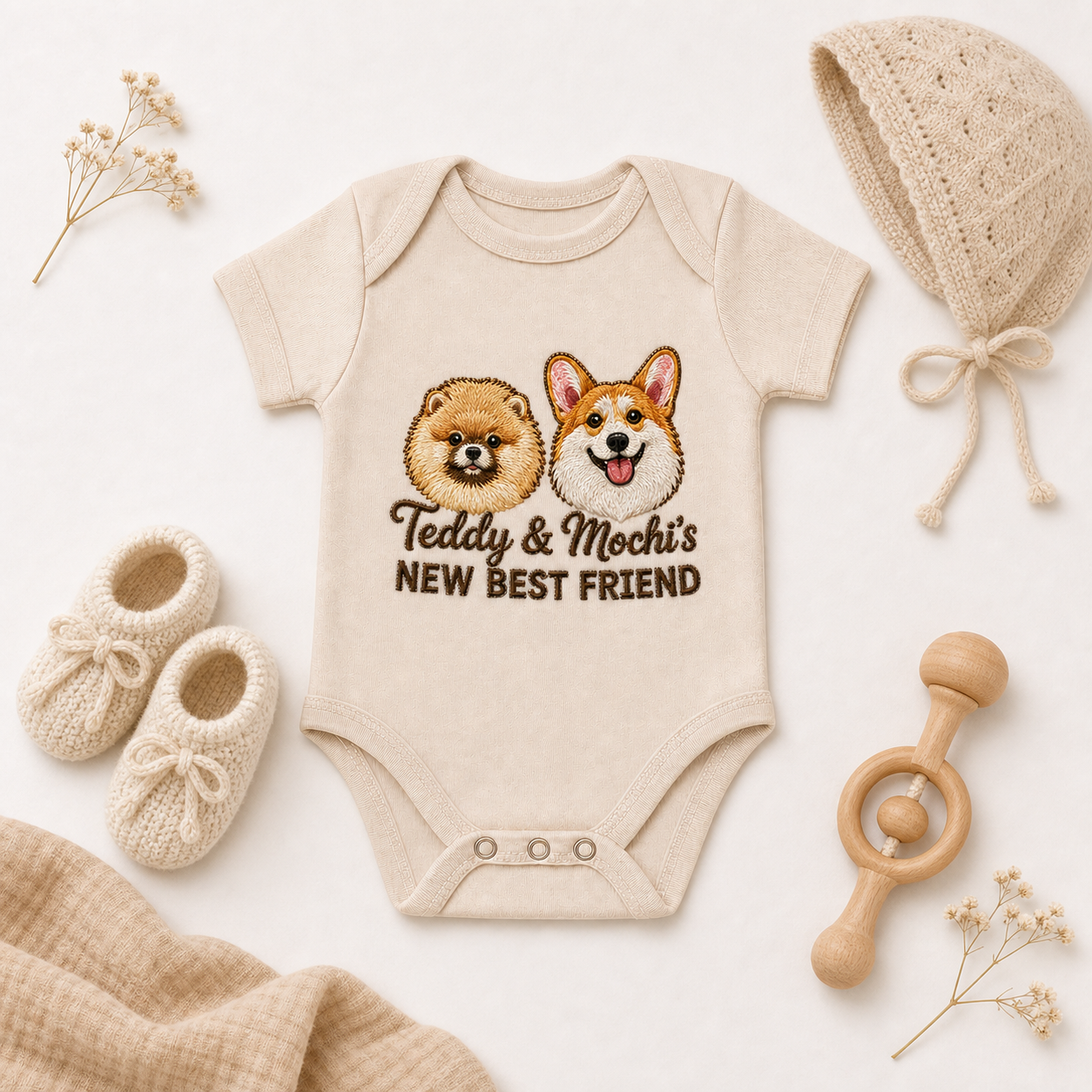 Custom Embroidered Pomeranian and Corgi Baby Onesie | Personalized Two Pet Names Bodysuit, New Best Friend Gift