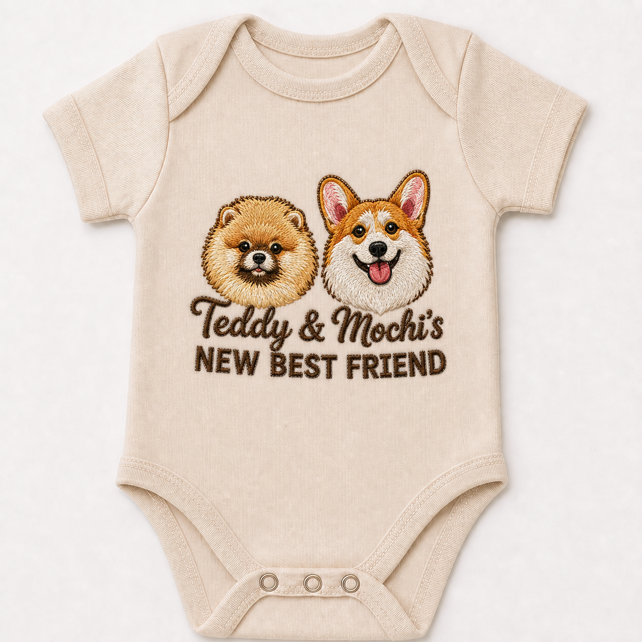Custom Embroidered Pomeranian and Corgi Baby Onesie | Personalized Two Pet Names Bodysuit, New Best Friend Gift