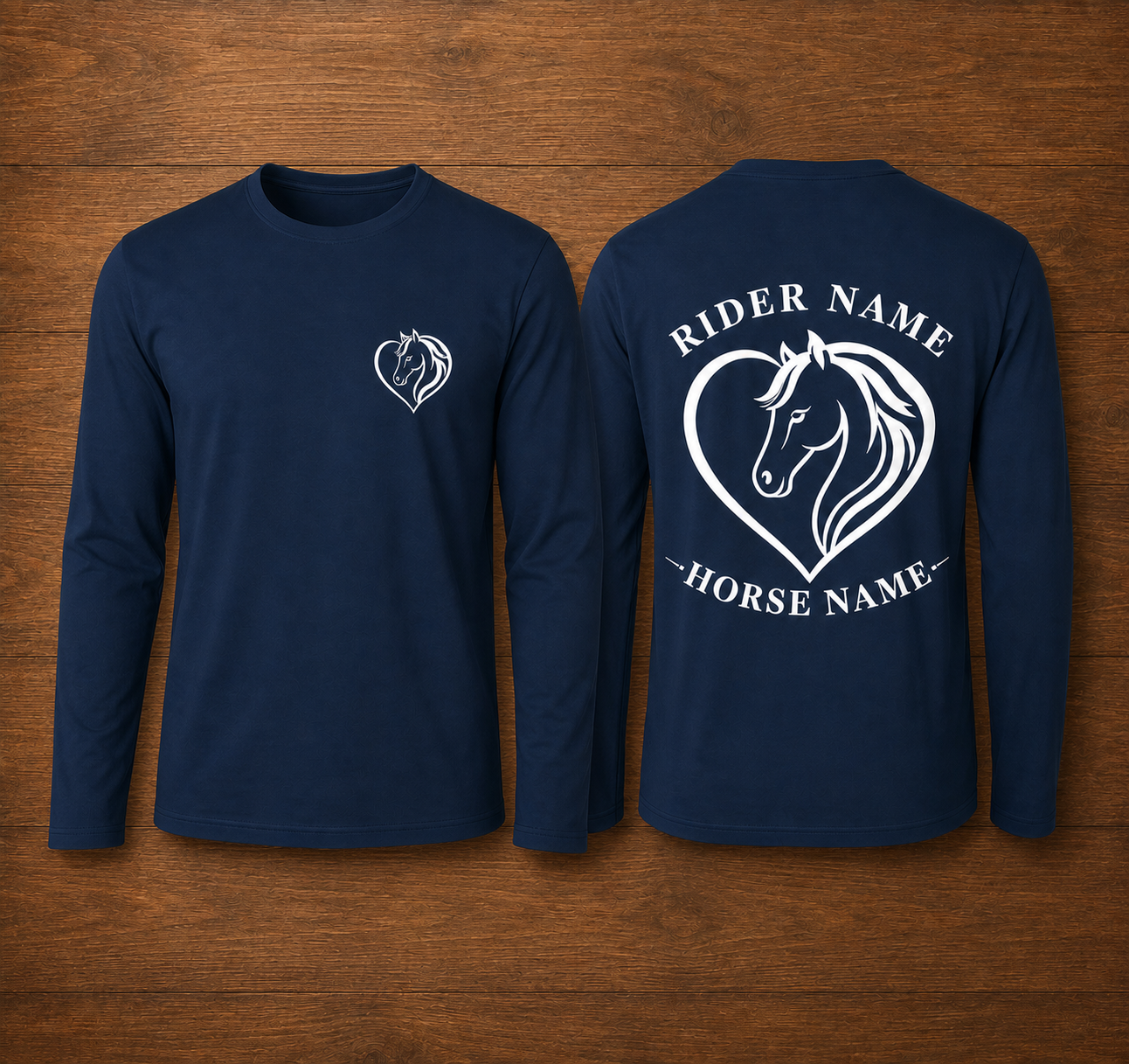 Custom Horse Heart Long Sleeve Shirt | Personalized Rider Horse Name Equestrian Printed Tee
