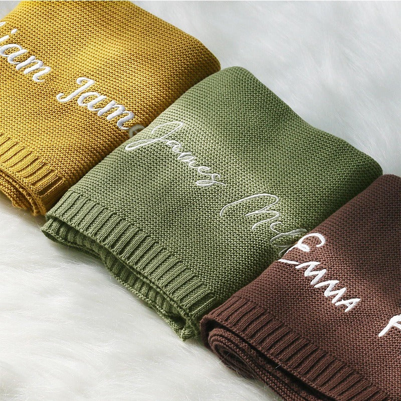 Personalized embroidered name baby blankets in mustard, sage and brown cotton knit