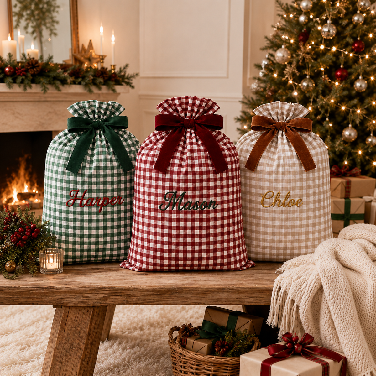 Custom Embroidered Christmas Sack | Personalized Name Gingham Gift Bag with Velvet Bow