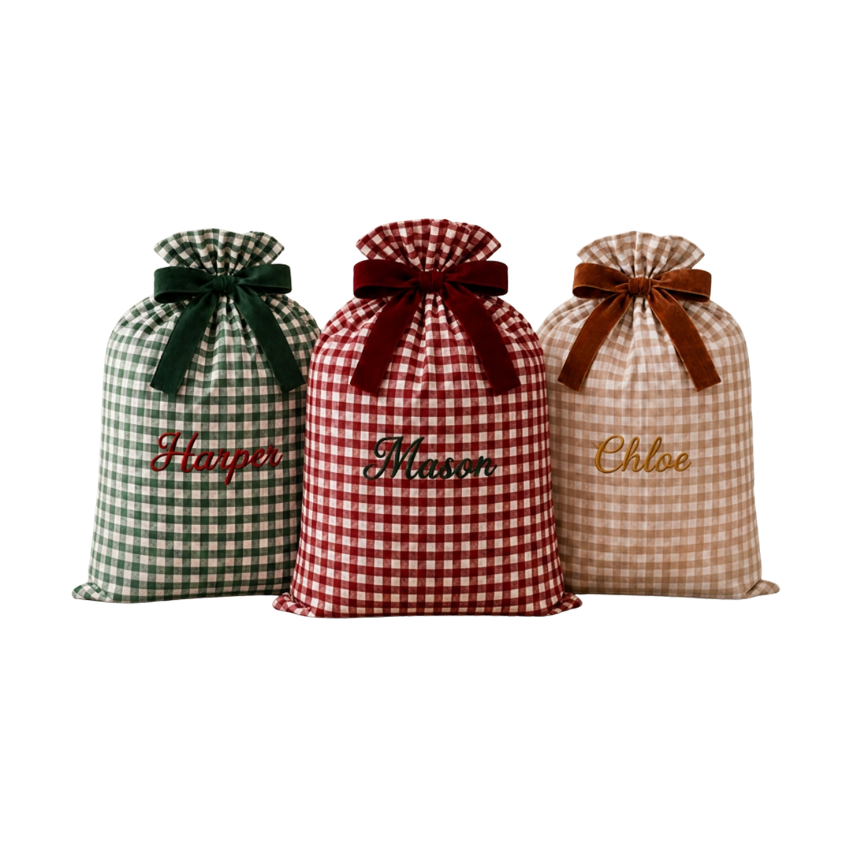 Custom Embroidered Christmas Sack | Personalized Name Gingham Gift Bag with Velvet Bow