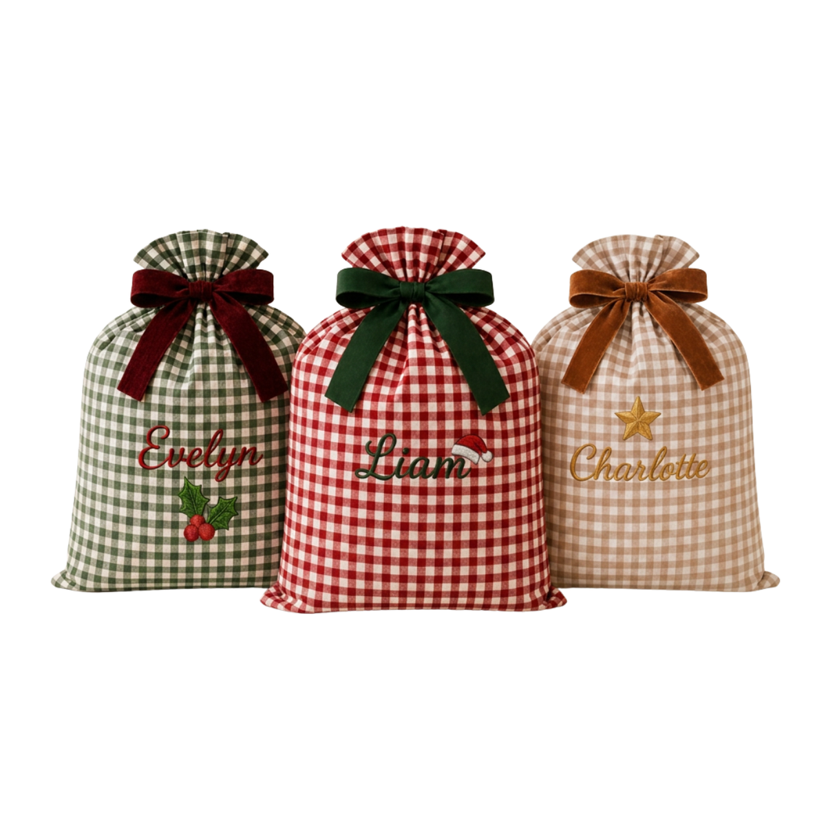 Custom Embroidered Christmas Sack with Name & Holiday Icon | Personalized Gingham Gift Bag with Velvet Bow